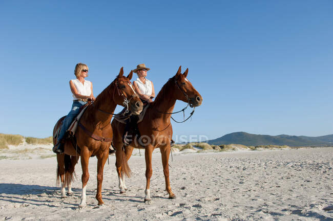 2 personnes à cheval sur la plage — Photo de stock