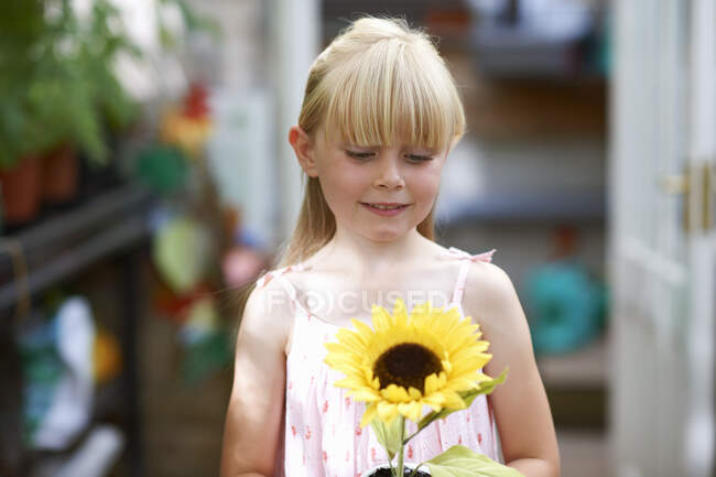 Portrait of girl holding sunflower in greenhouse — Stock Photo