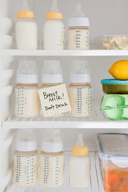 Garrafas de leite materno nas prateleiras do refrigerador — Fotografia de Stock