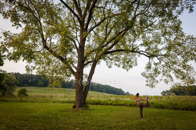 Vista lejana de una joven practicante de yoga posando en un parque rural - foto de stock