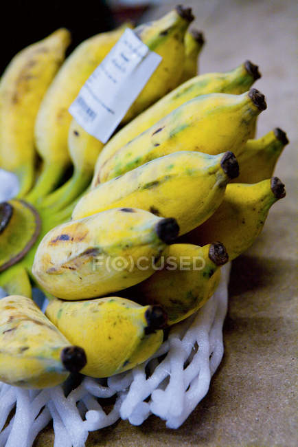 Primer plano de racimo de plátanos con cartel de precio - foto de stock