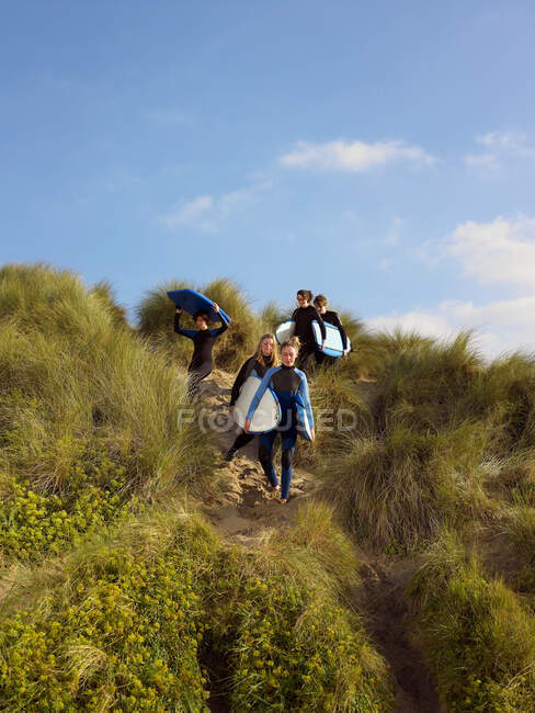 Cinco adolescentes caminando por un banco de hierba - foto de stock