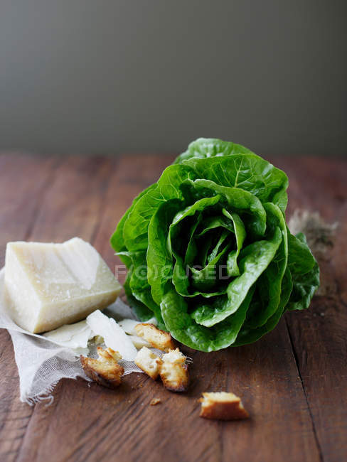 Lechuga, queso parmesano y croutons - foto de stock