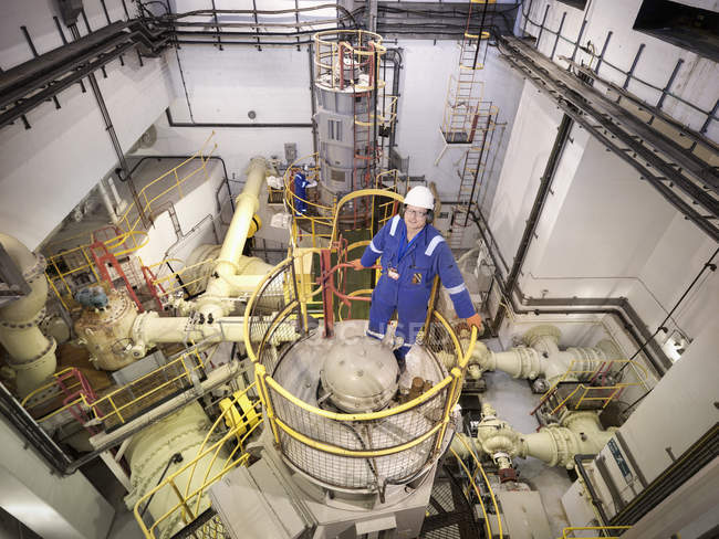 Retrato del ingeniero en la estación de bombeo de agua de mar de la central eléctrica, vista de ángulo alto - foto de stock