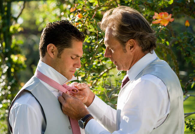 Reifer Vater hilft Bräutigam mit Krawatte — Stockfoto