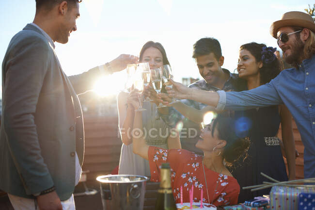 Amigos en la fiesta al aire libre haciendo un brindis - foto de stock