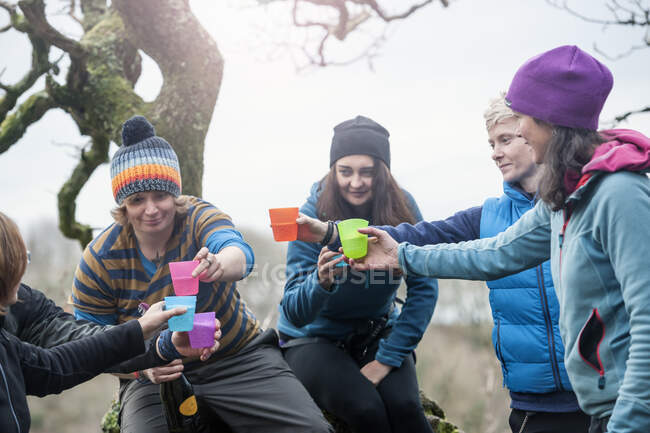 Group of people making toast with plastic cups — Stock Photo