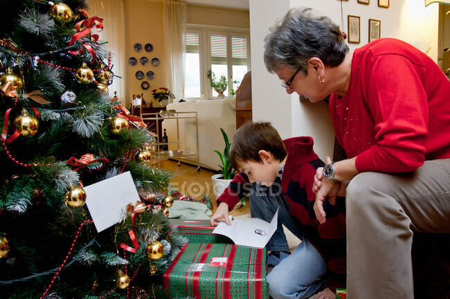 Mujer y nieto con regalos de Navidad - foto de stock