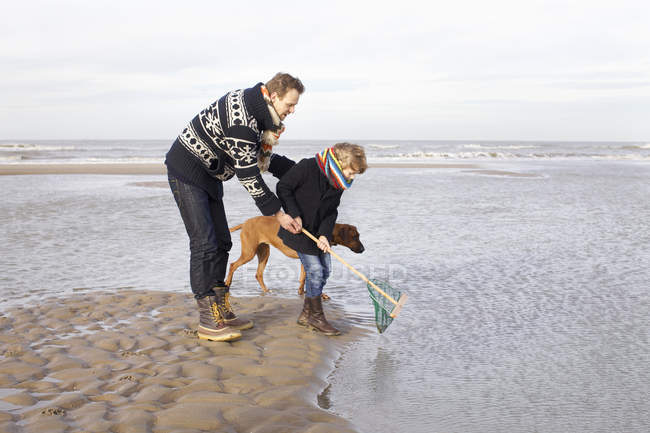 Mid adulto homem e filho pesca na praia, Bloemendaal aan Zee, Países Baixos — Fotografia de Stock
