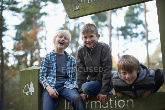 Tres chicos subiendo a la señal en el bosque - foto de stock