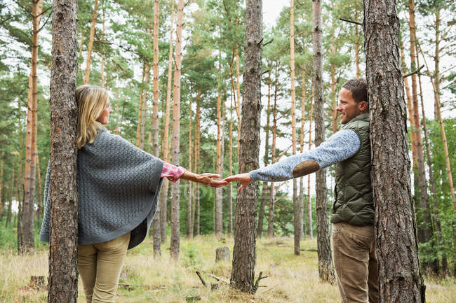 Mid adult couple holding hands in forest — Stock Photo