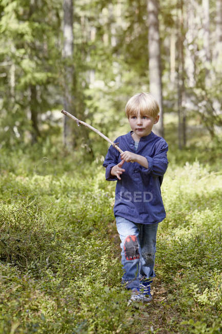 Menino caminhando pela floresta carregando pau — Fotografia de Stock
