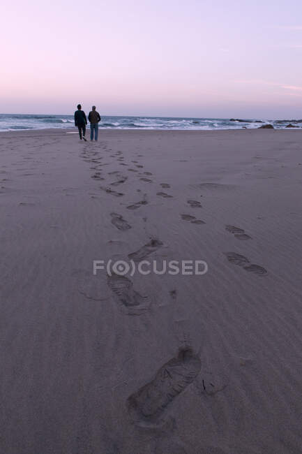 Père et fils marchant sur la plage, vue arrière, Afrique du Sud — Photo de stock