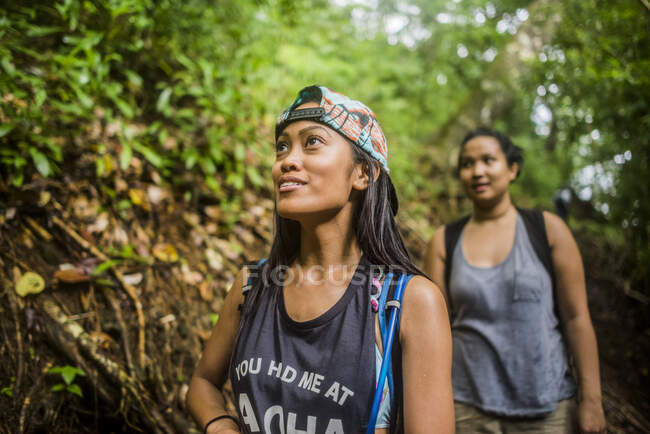 Due giovani donne che passeggiano nella giungla a Manoa Falls, Oahu, Hawaii, USA — Foto stock