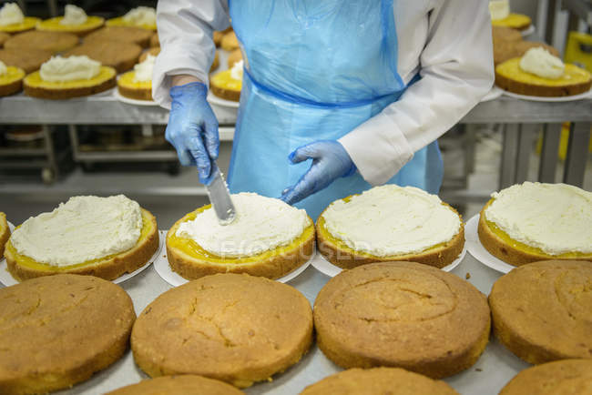Imagem cortada de padeiro espalhando enchimento em bolos na fábrica de bolo — Fotografia de Stock