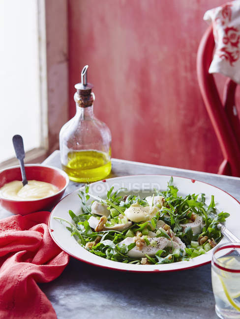Salade de poulet, noix et mayonnaise servie sur table — Photo de stock