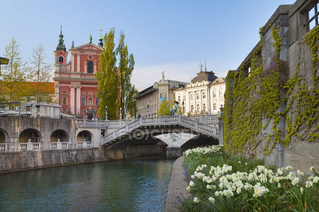 Puente de Tromostovje e Iglesia Franciscana de la Anunciación, Liubliana, Eslovenia - foto de stock