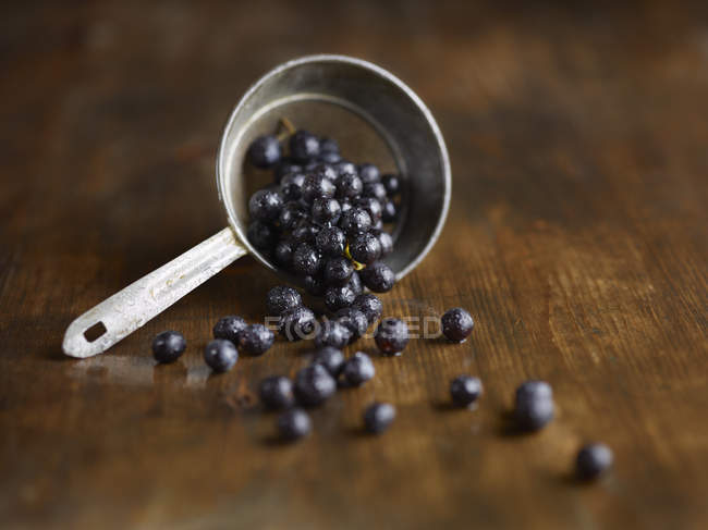 Still life of scoop of black grapes on wooden surface — Stock Photo