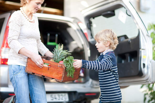 Mother and son carrying box of plants — Stock Photo