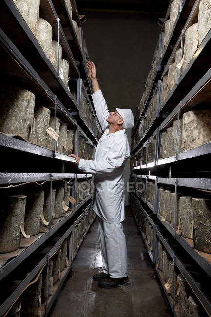 Man reaching up in between two shelves in warehouse — Stock Photo