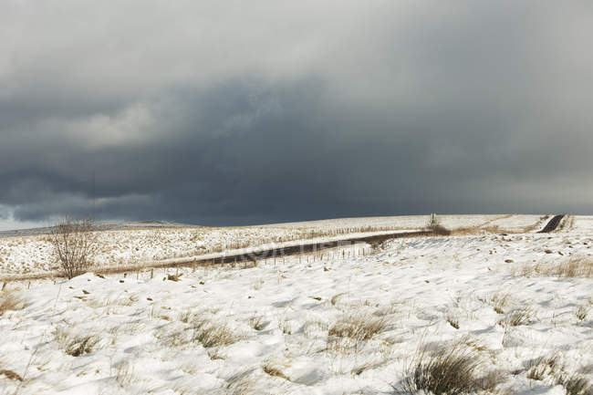 Vista panorámica del campo en la nieve, Whitelee, Ayrshire, Escocia - foto de stock