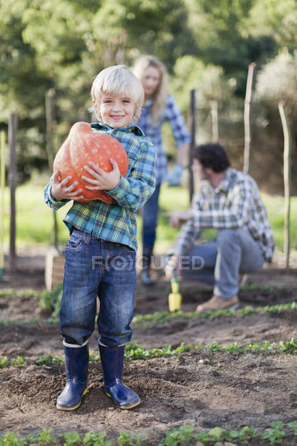Niño llevando calabaza en el jardín - foto de stock