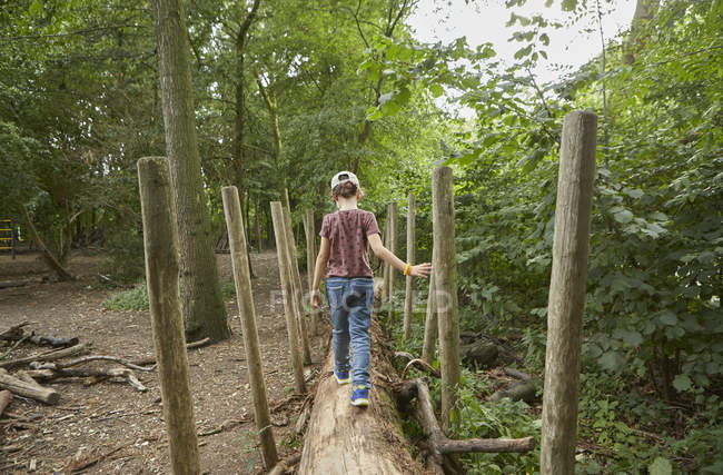 Girl walking on tree trunk in forest, Amsterdam, Holland — Stock Photo