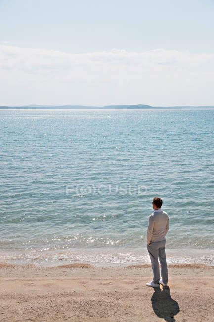 Vista trasera del hombre mirando al mar - foto de stock