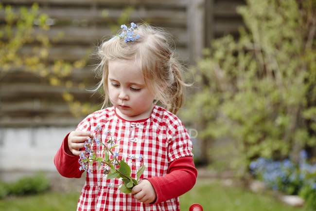 Petite fille portant une robe gingham tenant des fleurs — Photo de stock