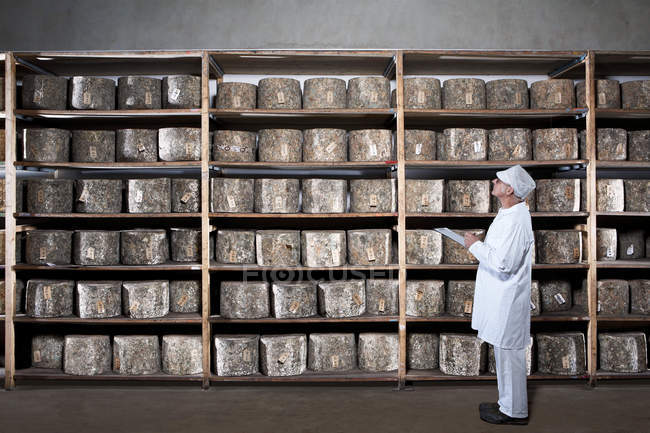 Travailleur du fromage avec presse-papiers dans l'entrepôt — Photo de stock