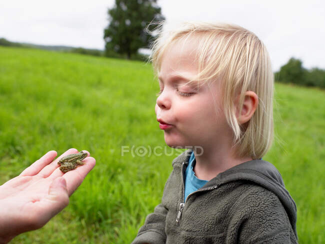 Дівчинка дивиться на маленьку жабу. — стокове фото