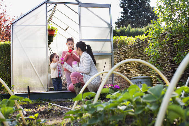 Mother with two daughters in greenhouse — Stock Photo