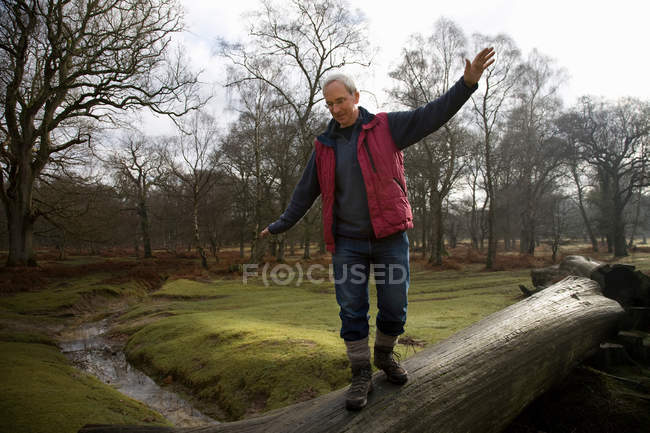 Homme retraité Équilibrage sur l'arbre à l'extérieur — Photo de stock