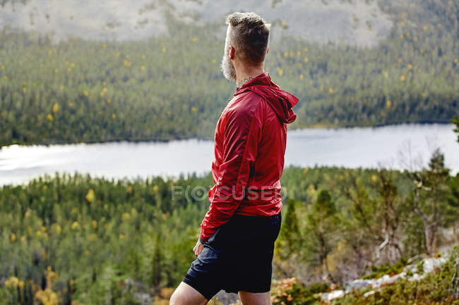 Vista trasera del hombre deportivo con vistas al paisaje, Laponia, Finlandia - foto de stock
