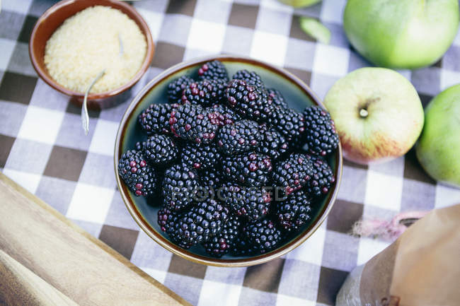 Bowl of fresh picked blackberries on table — Stock Photo