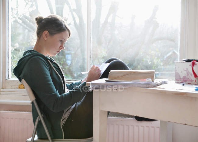 Chica de dieciséis años estudiando y escribiendo notas al lado de la ventana - foto de stock