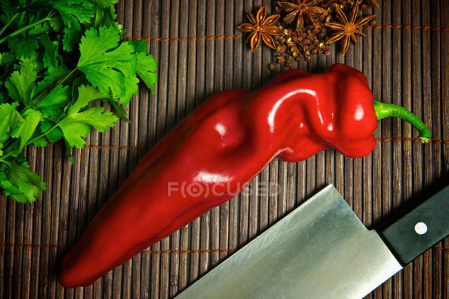 Primo piano di peperoncino rosso con prezzemolo e tritacarne — Foto stock