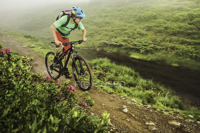 Giovane mountain bike maschile in bicicletta accanto al flusso — Foto stock