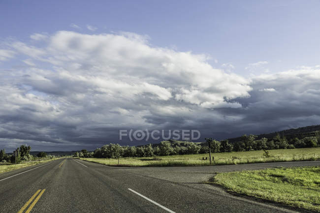 Vue sur route avec champs verts et ciel nuageux — Photo de stock