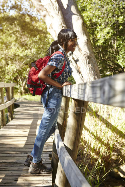 Giovane donna, escursioni, guardando la vista dal ponte, Città del Capo, Sud Africa — Foto stock