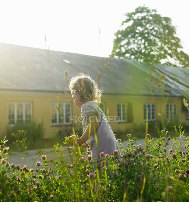 Menina jogando em flores ao ar livre — Fotografia de Stock