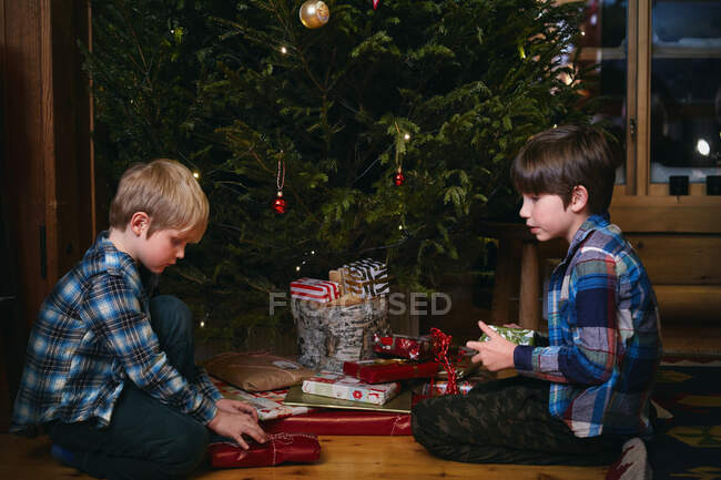Dos hermanos abren regalos de Navidad - foto de stock