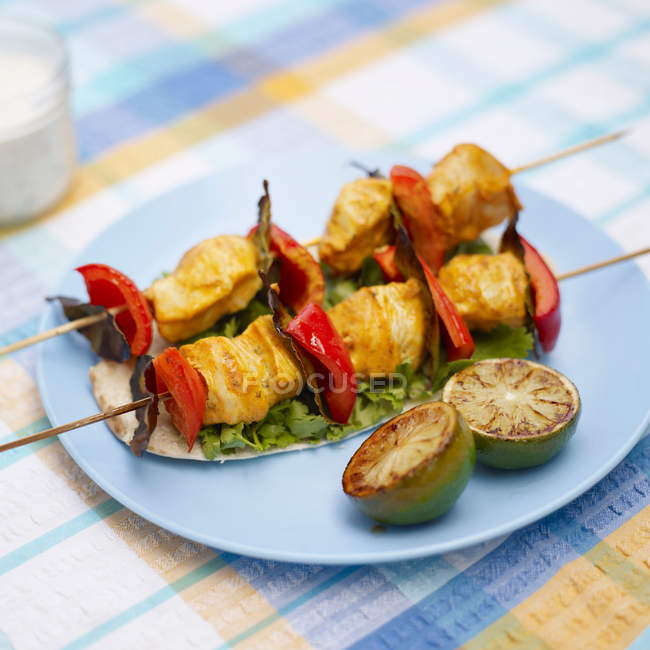 Plate of chicken tikka kebabs — Stock Photo