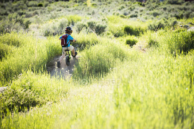 Visão traseira do menino pedalar no parque, Sandy, Utah, EUA — Fotografia de Stock