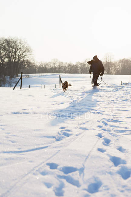 Mann geht Hund im verschneiten Feld spazieren — Stockfoto