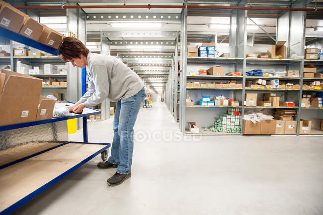 Lavoratrice del magazzino che controlla gli ordini sul carrello di consegna — Foto stock
