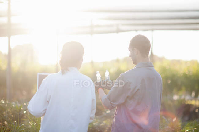 Ученый и рабочий в питомнике растений, смотрит на бутылки — стоковое фото
