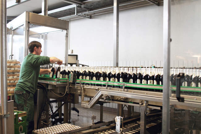Trabajador cervecero que opera la máquina embotelladora - foto de stock