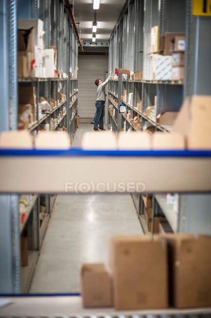Trabajadora de almacén recogiendo pedidos de estantes - foto de stock