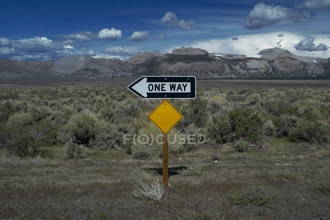 One way yellow sign in rural landscape — Stock Photo